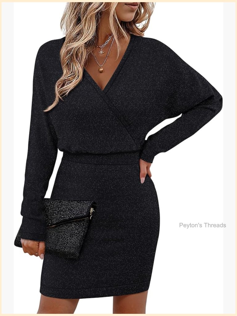 Sparkly Sequin V-Neck Batwing Sleeve Bodycon Midi Sweater Dress